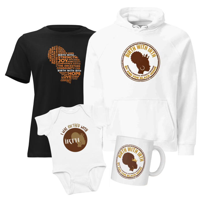 A collection of merchandise including a t-shirt, hoodie, onesie, and mug, all featuring a design celebrating African heritage and love.