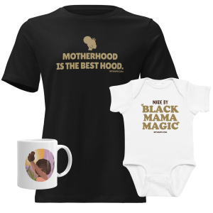 A black t-shirt and a white onesie with positive messages about motherhood, accompanied by a coffee mug featuring an illustrative design.