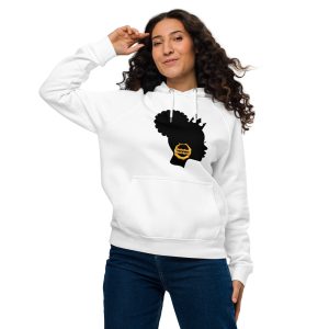 A woman wearing a white hoodie with a silhouette design featuring an African hairstyle and a yellow graphic.