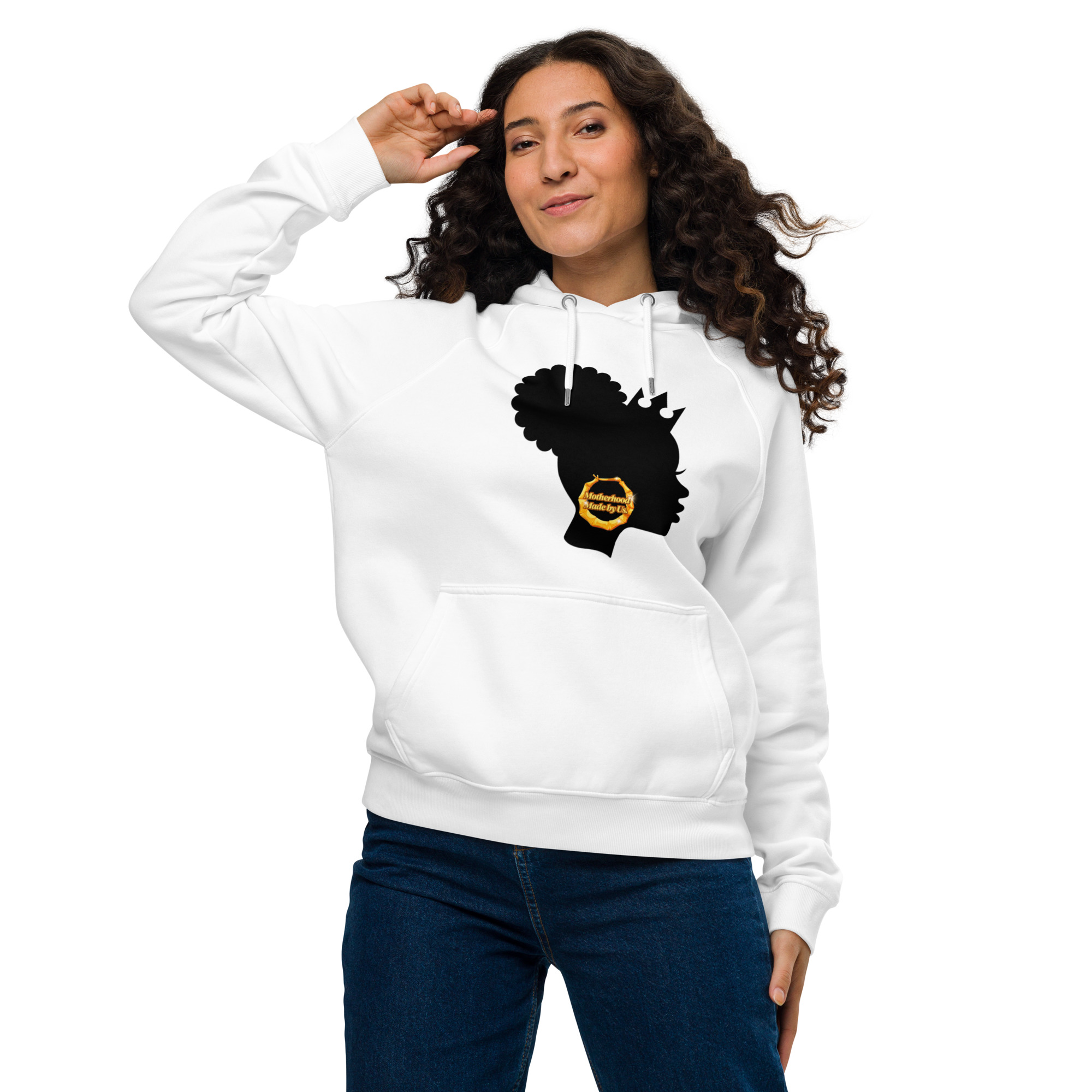 A woman wearing a white hoodie with a silhouette design featuring an African hairstyle and a yellow graphic.