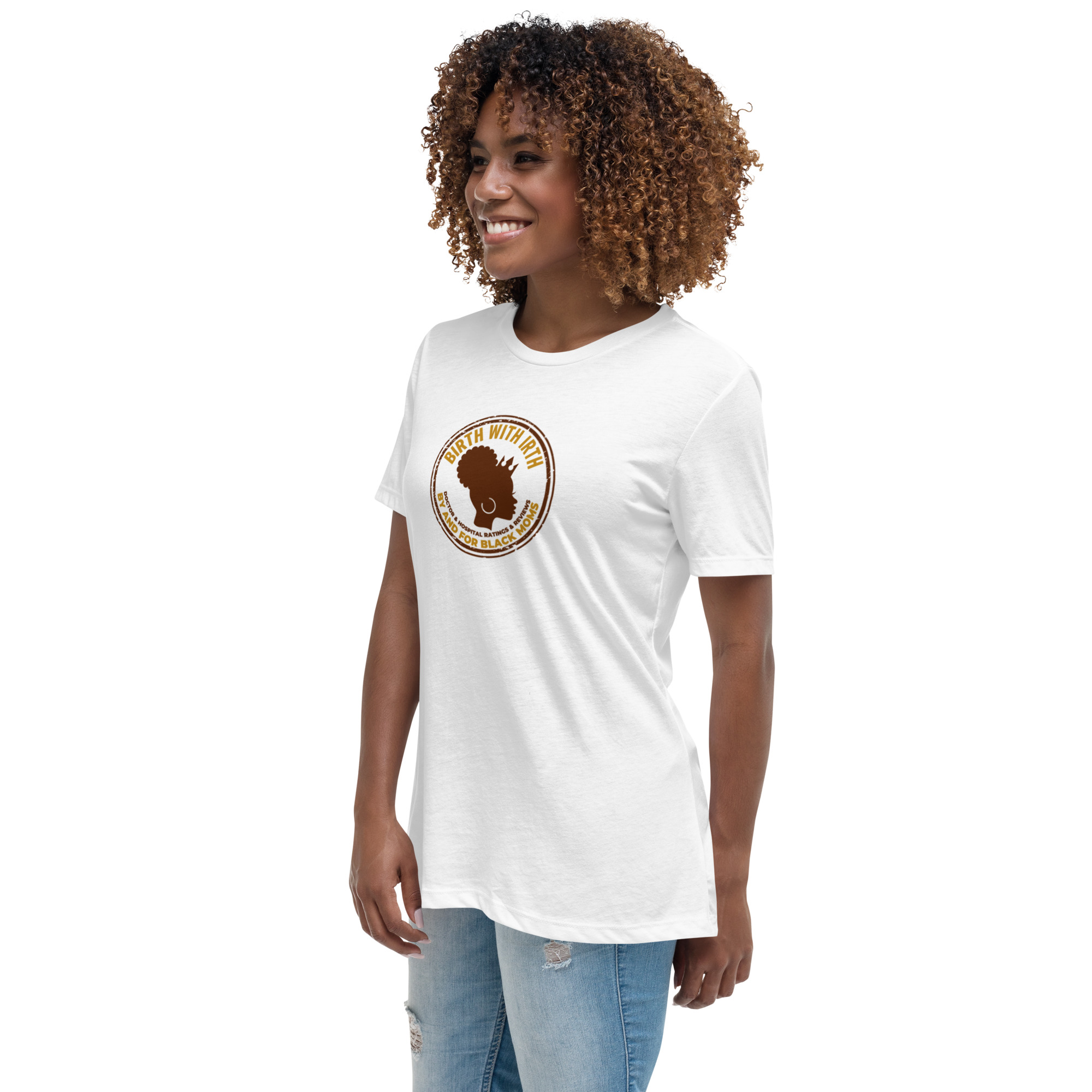 A person wearing a white t-shirt featuring a circular graphic design with a stylized silhouette.